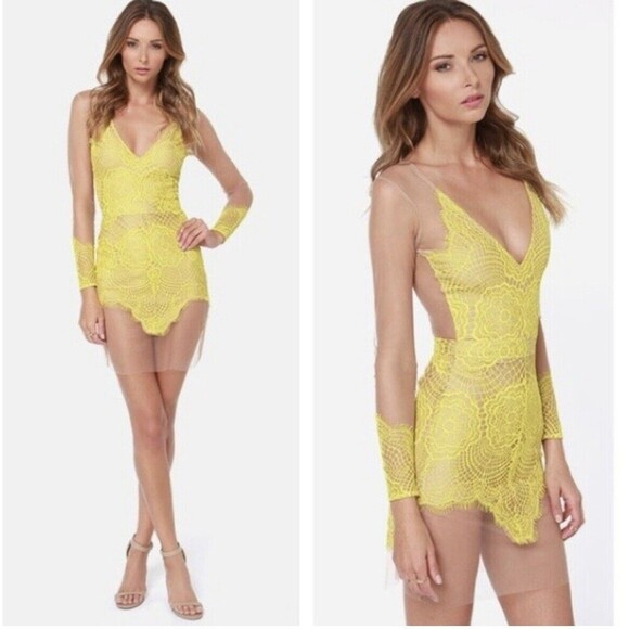 For Love And Lemons Dress Womens XS Yellow Nude Antigua Mini Lace Long Sleeve - Picture 1 of 9